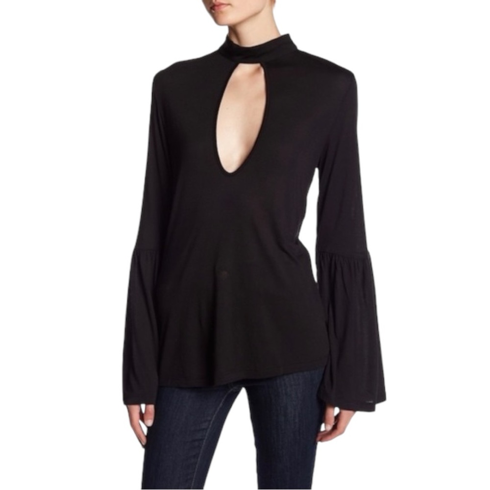 NEW Haute Hippie Black Mock Neck Bell Sleeve Blouse Size Small
